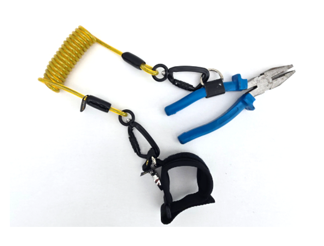 plastic coil tool lanyard with wrist strap and pliers